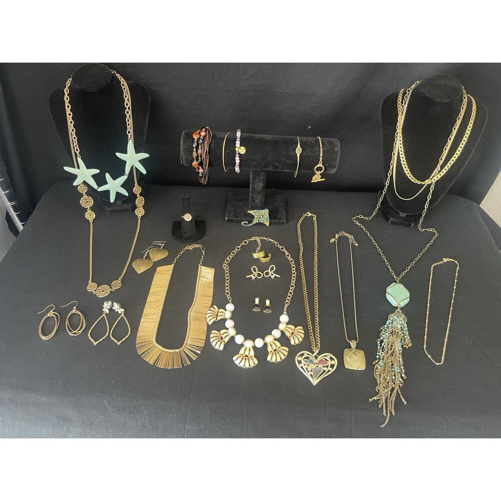 Vintage To Now Goldtone Jewelry Lot Necklace Brooch Bracelet Earrings Ring